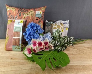 lot 214 image: New Artificial Flower Arrangement, Comfort Bay Decorative Pillow, PEVA Shower Curtain and 3 Microfiber Fabric Shower Curtains D
