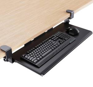 lot 112 image: New HUANUO Keyboard Tray Under Desk, Pull Out Keyboard Tray with C Clamp Mount, 26.5 W x 11.8 D $49.99 Retail B