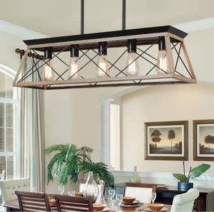 lot 107 image: New Farmhouse Chandeliers for Dining Room, Rustic Kitchen Island Light Fixture, 5-Light Linear Pendant $159.99 Retail B