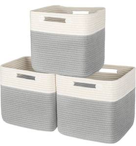 lot 269 image: Set of 3 New AELS Hand Woven Cotton Cube Storage Baskets, Beige and Gray B