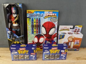 lot 68F image: Brand New DC Comics Harley Quinn Action Figure, Disney Junior Marvel Spidey Coloring & Activity Book, Marvel Spidey Pizza Parlor City Blocks, 2 Funko Bitty POP DC 4 Packs Harley Quinn, Poison Ivy, The Joker, Bat Girl, Batman, Etc. B
