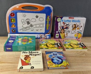 lot 164F image: Brand New Assortment of Kids Games and Books Imaginarium Magnetic Drawing Board, Lewo Wooden Pattern Blocks, Match It 4 Letter Words, First Animal Facts Garden, Nickelodeon Blues Clues & You and No More Naps B
