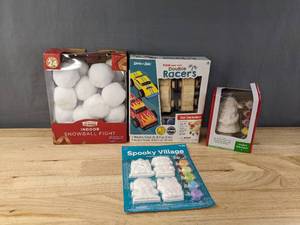 lot 246 image: Spooky Village Painting Art Kit, Creatology Ceramic Paint Your Own 3D Santa Kit, Paint Your Own Double Racers, Indoor Snowball Fight Balls B