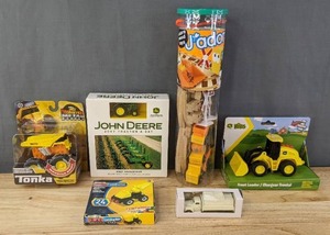 lot 65F image: Brand New Tonka Monster Metal Movers Prise Monster Dump Truck, John Deere 2007 Tractor-A-Day, Nature Wood Toys, John Deere Kids Front Loader, Make-It Blocks Construction Blocks and Delivery Toy Truck B