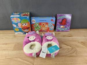 lot 241 image: Brand New Toys - Mr. Potato Head, Squishmallow Unicorn Slippers, Scavenger Hunt, Dinosaur Vs. Mommy Board Book B
