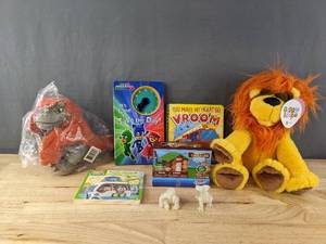 lot 239 image: New Toys and Board Books - Jurassic World Pyroraptor Plush, 3D Printed Animals, PJ Masks, Lincoln Logs Mini Home, and More B