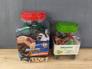 lot 116G image: Brand New Adventure Force Farm Animals 55-Piece Jumbo Bucket & Play Right Dinosaur Dino Bucket with Playmat 40-Piece Set B