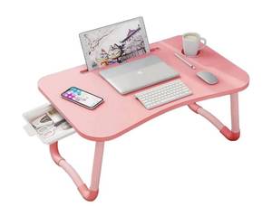 lot 240B image: New Portable Laptop Desk Foldable Bed Table with Storage Drawer and Cup Holder Pink B