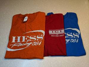 lot 433 image: Three New Mens Short Sleeve T-Shirts Hess Racing Orange Red Blue Gray Size Large R