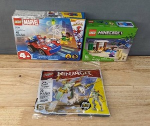 lot 14F image: Brand New Lego Marvel Spider-Mans Car and Doc Ock 10789, Lego Minecraft Steves Desert Expedition 21251 and Lego Ninjago Ice Dragon Creature 30649 N
