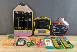 lot 536 image: Brand New Assortment of School Supplies Post-It Notes, Scissors, Pre-Sharpened No.2 Pencils, Scotch Mount Squares, Mini Stapler, First Day OfLast Day Of Chalkboard Signs N