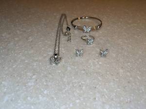 lot 444 image: New Five Piece Butterfly Jewelry Set Necklace Pierced Earrings Bracelet Adjustable Ring Silvery P