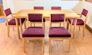 lot 19 image: Altura Maple Chevron Dining Chair Set Upholstered in Donghia Fabric
