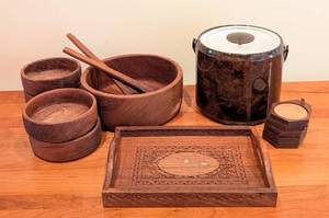 lot 70 image: Vintage Wood Servingware and Georges Briard Tortoise Shell Ice Bucket