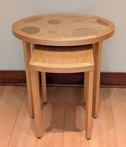 lot 12 image: Baker Furniture Maple and Mixed Wood Nesting Table Set