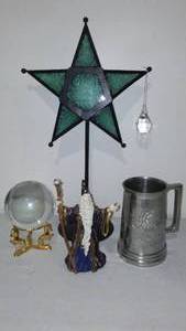 lot 409 image: Fantasy Based Dcor.  Wizard, Stein, Crystal Ball.