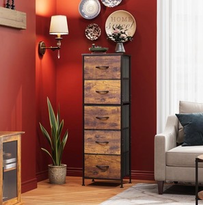 5-Drawer Fabric Dresser with Steel Frame -BlackRustic Wood