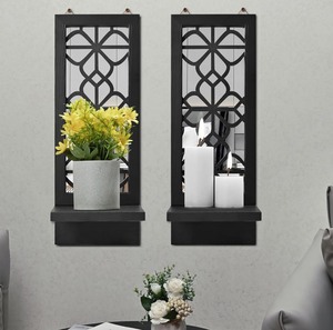 Set of 2 Candle Mirrored Wall Sconces -Black