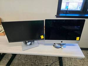 lot 111A image: Dual HP Series 7 Pro 724pf 23.8-inch FHD Monitor with HDMI cable and Apple monitor