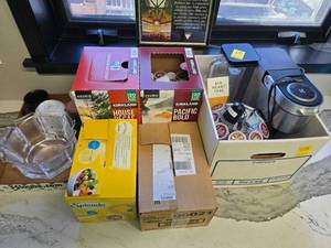 lot 174 image: Keurig Coffee Maker, Coffee, Sugar, coffee mugs