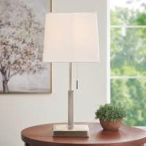 lot 6 image: Hampton Bay Stanton 20 in. Brushed Nickel Table Lamp with White Fabric Shade and Polarized Outlet   Customer Returns See Pictures