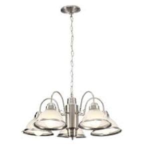 lot 14 image: Hampton Bay Halophane 5-Light Brushed Nickel Chandelier with Frosted Ribbed Glass Shades  Customer Returns See Pictures