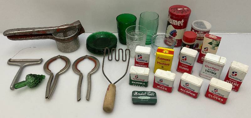 lot 140 image: Misc. Vintage Items Including Spice Tins, Forest Green Anchor Hocking & More