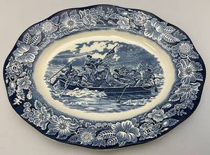 lot 113 image: Vintage LIBERTY BLUE Staffordshire England Ironstone 14 Platter Washington Crossing The Delaware