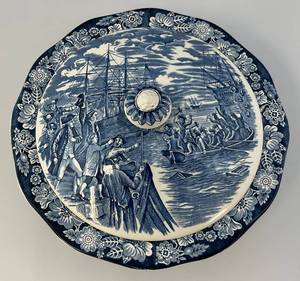 lot 114 image: Vintage LIBERTY BLUE Staffordshire England Ironstone  Boston Tea Party Covered Vegetable Bowl 9.5