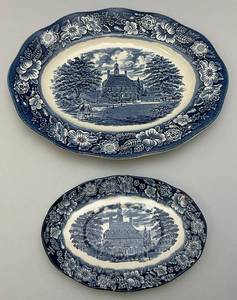 lot 118 image: 2 Vintage LIBERTY BLUE Staffordshire England Ironstone Platters 1 8 1 12  Governors House Williamsburg