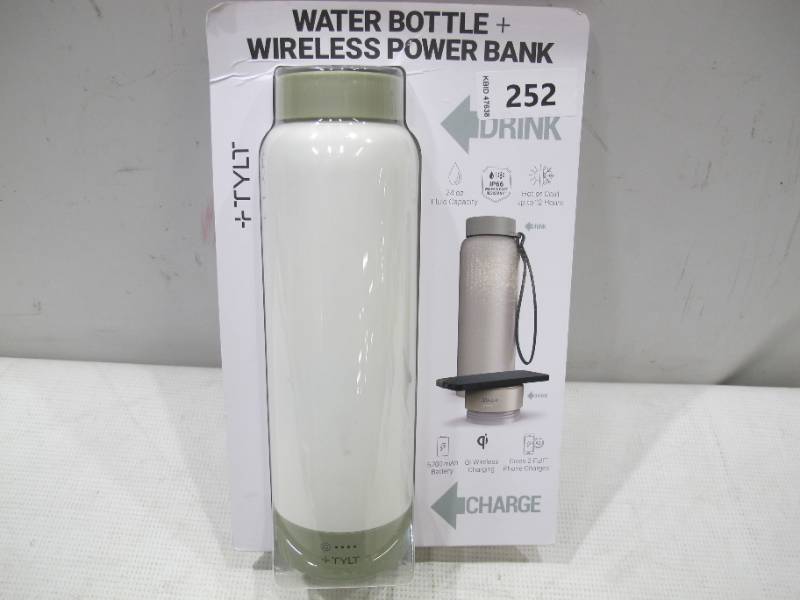 lot 407 image: NEW Tylt 12 Hour HotCold Water Bottle & Qi Wireless Power Bank, 24oz, White with Tan