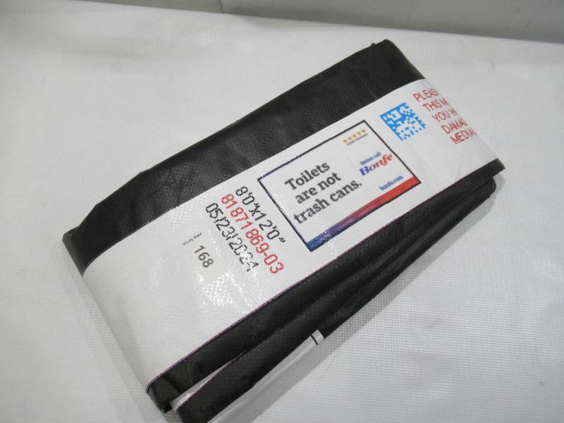 lot 188 image: 8 x 12 5 oz. Black PE Tarp w Advertisement  Reused Billboard  5 mil Lightweight Duty - A Grade