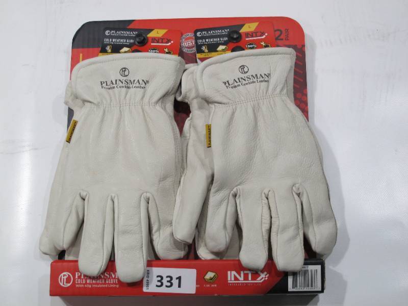lot 374 image: NEW Plainsman Premium Cowhide 100% Leather Gloves Fleece Lined Insulated Large, 2 Pack