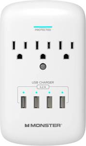 lot 229 image: Monster Wall Tap Plug 3-Outlet 4 USB Ports Extender with Outlet Surge Protector - WHITE