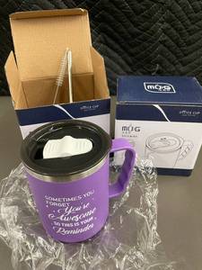 G 2 - 2 X Coffee Cups with Straws and cleeaners - Purple Mug with Motivational Quote