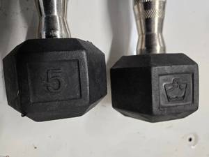 lot 44 image: Lot of a pair of 5LB Hampton Rubber Hex Dumbbells (Used, Good Condition)