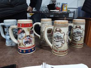 Assorted Steins 3-Strohs Beer, 1-Budweiser, 1-Miller