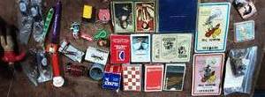 Lot Of Vintage Collectibles-Airline & Other Playing Card, Old Toys, Key Chains, Metal Slinky, Pogs, More