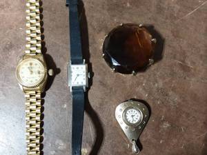 2-Ladies Watches, 1-Watch Pendant, 1-Large Topaz Color Brooch
