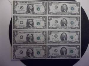 2-Sets Of Uncut Currency One Dollar 1981 & Two Dollar 1976. Both In Mint Crisp Condition