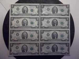 2-Sets Of Uncut 2 Dollar US Currency 1976 & 1995. In Mint Condition