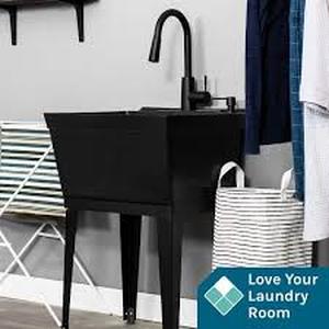 Complete 22.875 in. x 23.5 in. Black 19 Gallon Utility Sink with Black Metal Hybrid High Arc Faucet and Soap Dispenser Customer Returns See Pictures