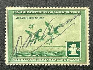 lot 2 image: 1937 $1 U.S. Federal Migratory Bird Hunting Stamp
