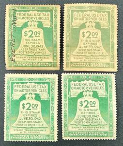 Federal Use Tax on Motor Vehicle Stamps - 4 Stamps 1941