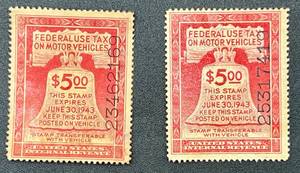 lot 6 image: Federal Use Tax of Motor Vehicle Stamps - 1942 - 2 Stamps