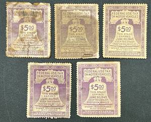 lot 8 image: Federal Use Tax of Motor Vehicle Stamps - 1944 - 5 Stamps