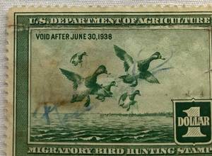 lot 10 image: 1937 $1 U.S. Federal Migratory Bird Hunting Stamp