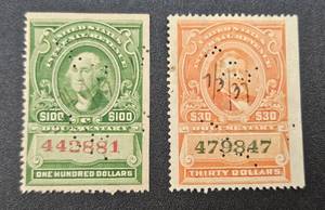 lot 182 image: US Federal Reserve Documentary Stamps -  1917 US $30 Stamp and US $100