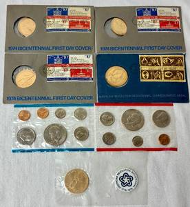 lot 171 image: American Coin Sets with 1974 US Proof Sets, 1975 Bicentennial Commemorative Medal & Stamps Set, 1974 Bicentennial first Day Cover Sets, and American Revolution Bicentennial Commeroratvie Meadl and First Day of Issue Set