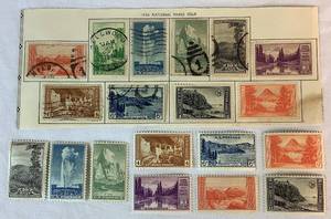 lot 191 image: 1934 National Park Series Postage Stamps, Scott catalog 740-749, One Set New and One Set Cancelled LOT #2